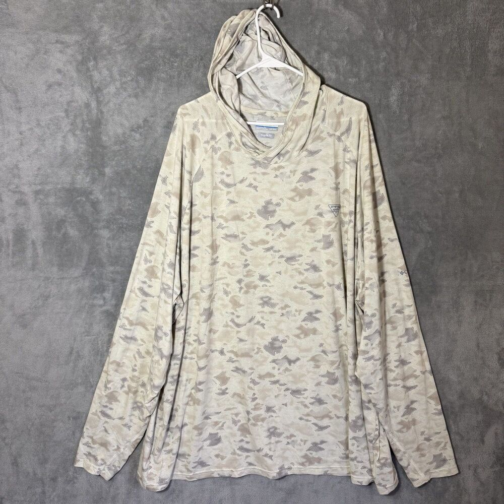 Columbia PFG Men's 5X Tall 5XT Beige Camo Hoodie Long Sleeve Fishing Shirt Omni